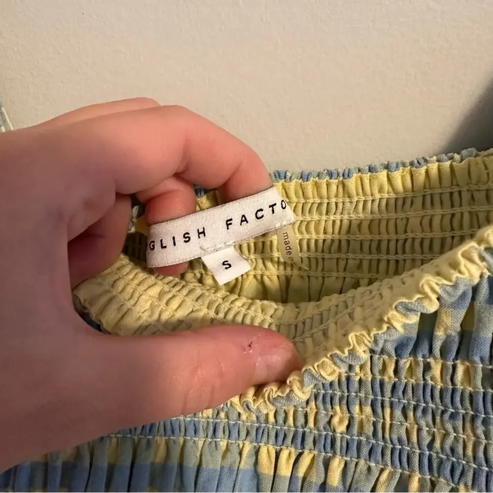 Tuckernuck English Factory Blue Yellow Cotton Plaid Smocked Blouse Top Small
